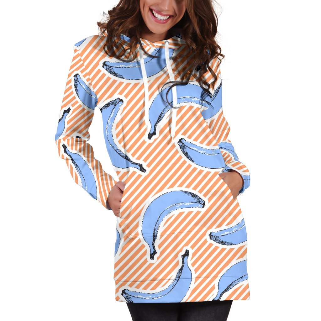 Retro Blue Banana Pattern Print Hoodie Dress GearFrost
