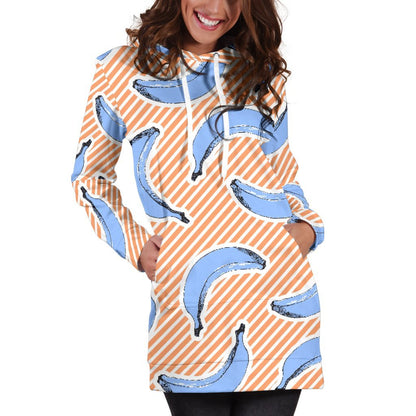 Retro Blue Banana Pattern Print Hoodie Dress GearFrost