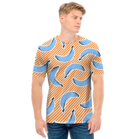 Retro Blue Banana Pattern Print Men's T-Shirt