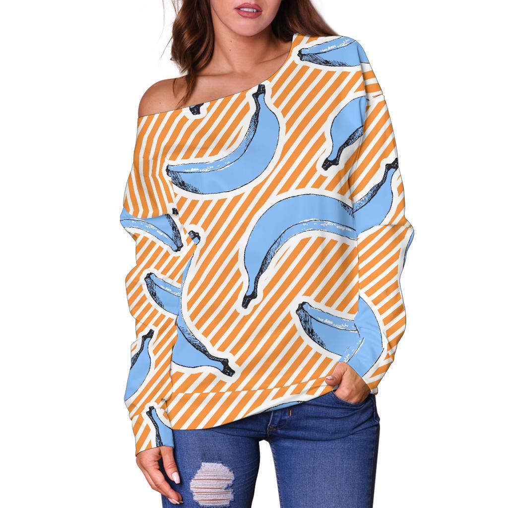 Retro Blue Banana Pattern Print Off Shoulder Sweatshirt GearFrost