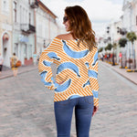 Retro Blue Banana Pattern Print Off Shoulder Sweatshirt GearFrost