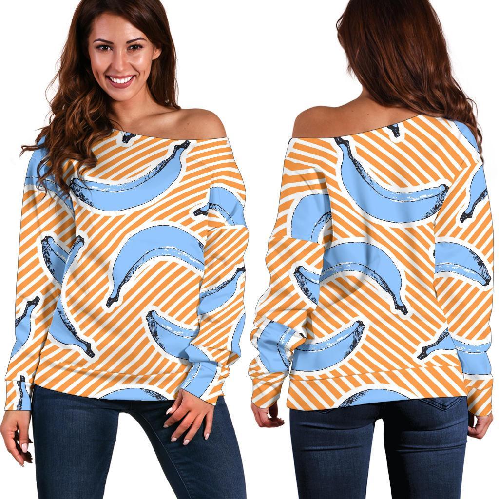 Retro Blue Banana Pattern Print Off Shoulder Sweatshirt GearFrost