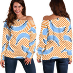 Retro Blue Banana Pattern Print Off Shoulder Sweatshirt GearFrost