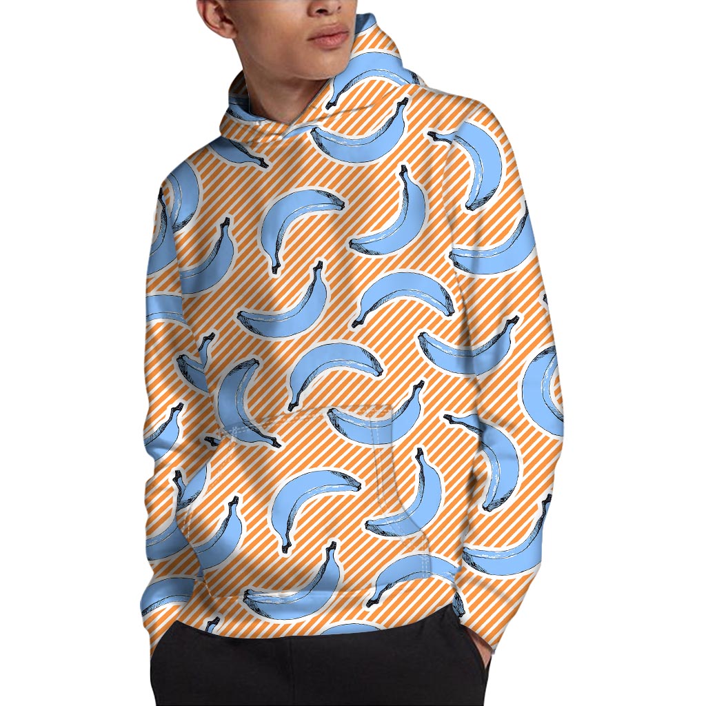Retro Blue Banana Pattern Print Pullover Hoodie