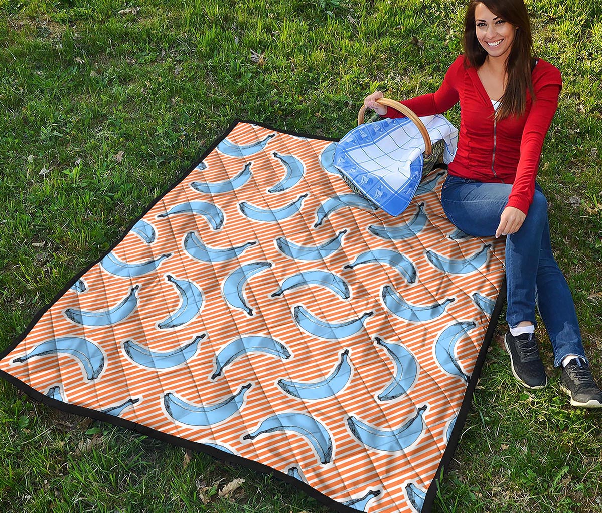 Retro Blue Banana Pattern Print Quilt
