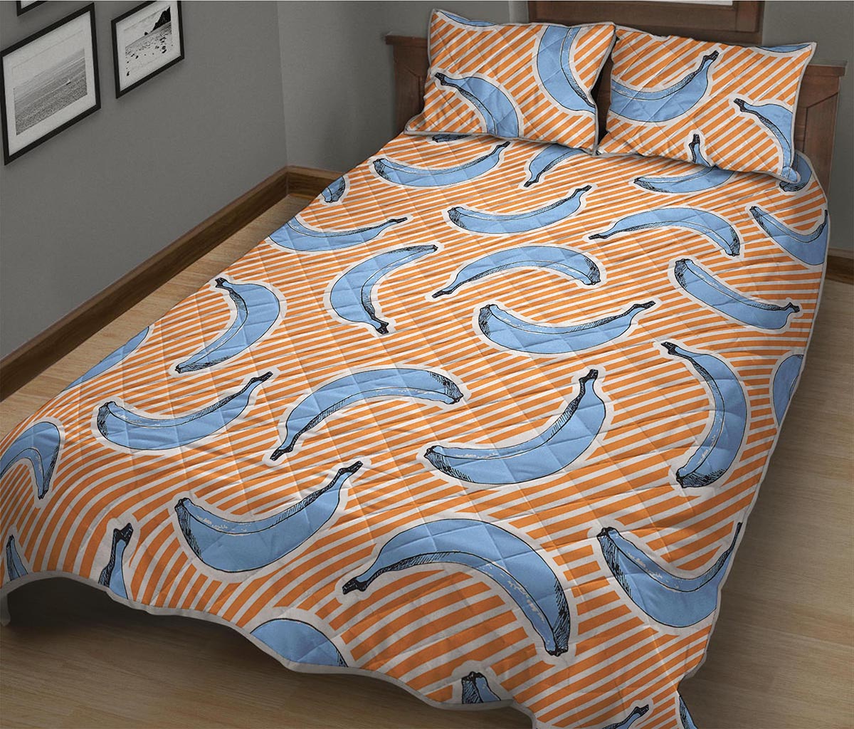Retro Blue Banana Pattern Print Quilt Bed Set