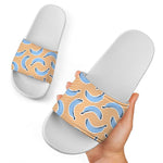Retro Blue Banana Pattern Print White Slide Sandals