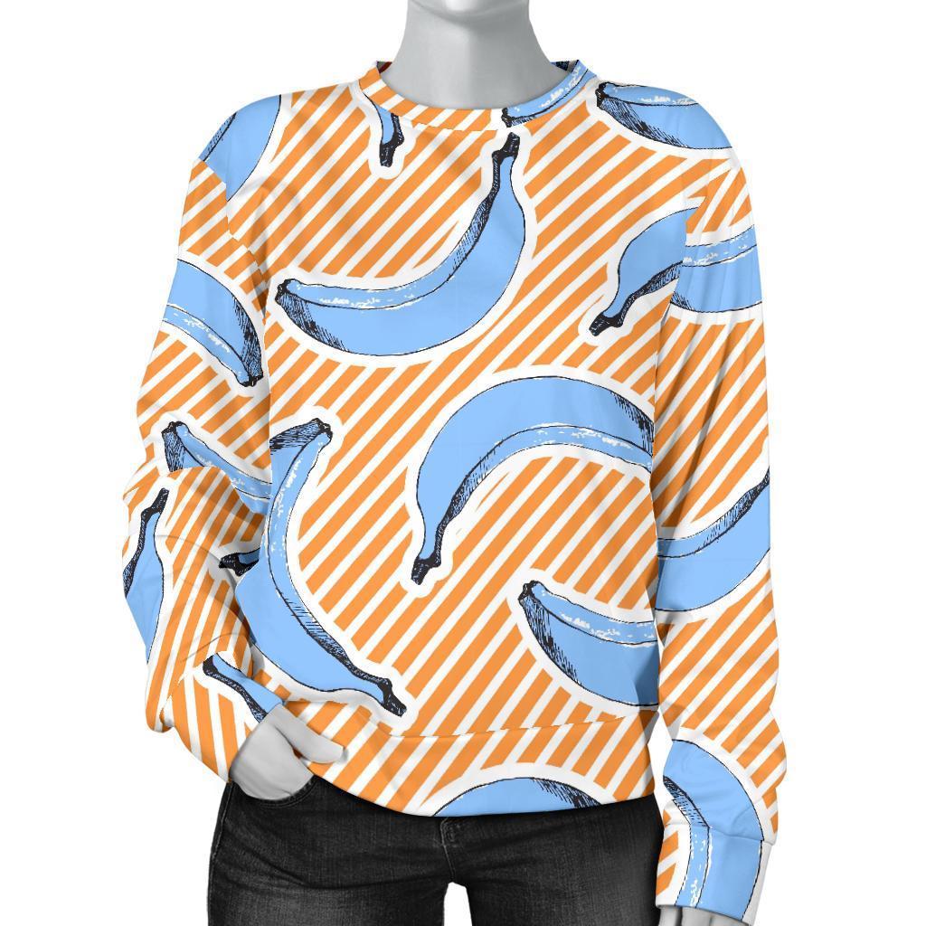 Retro Blue Banana Pattern Print Women's Crewneck Sweatshirt GearFrost