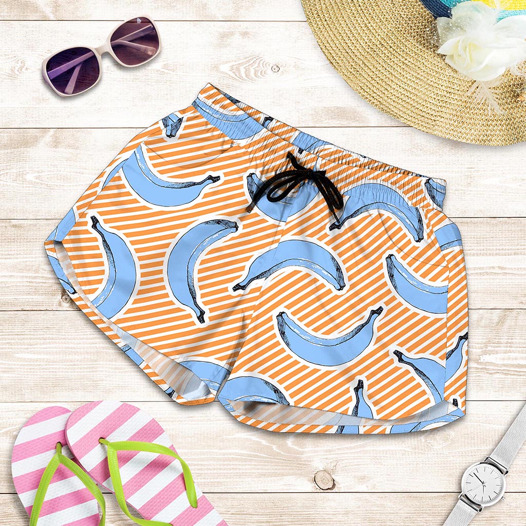 Retro Blue Banana Pattern Print Women's Shorts