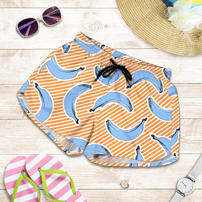 Retro Blue Banana Pattern Print Women's Shorts
