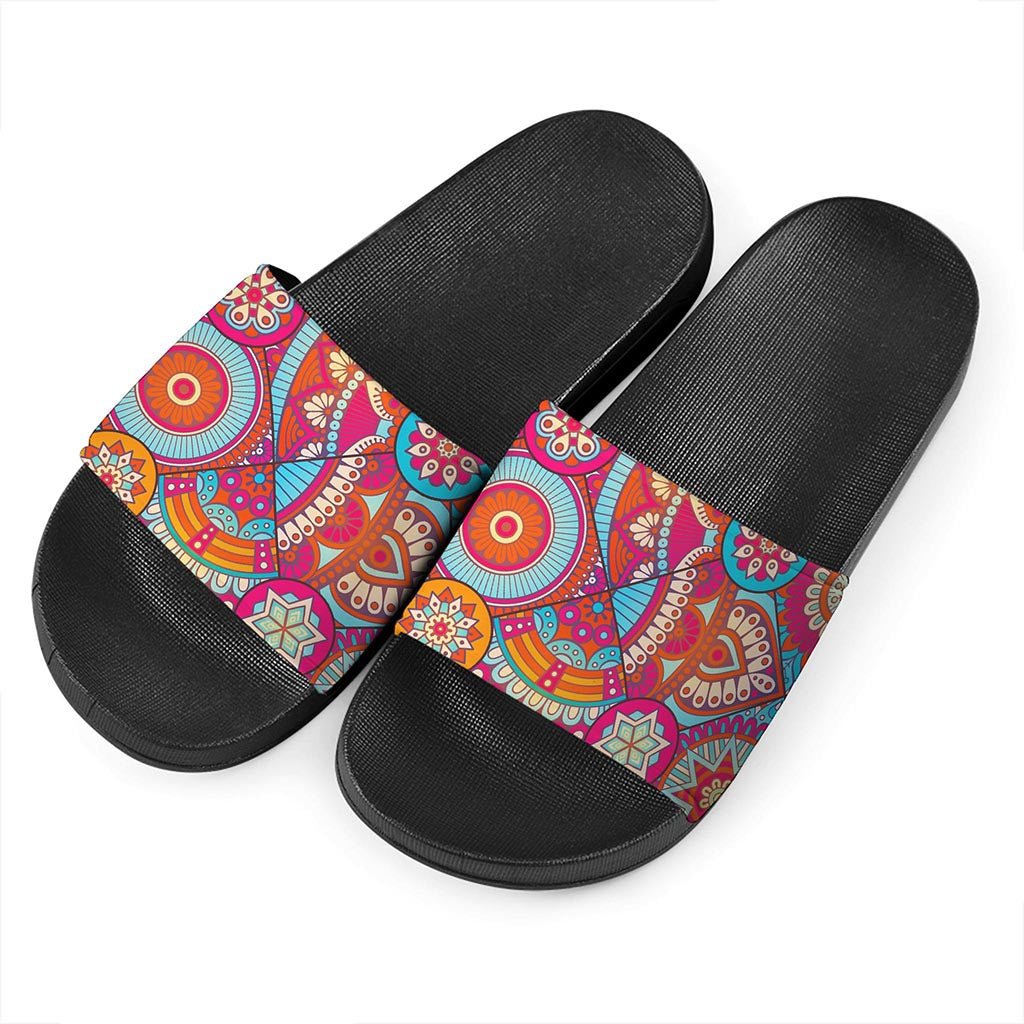 Retro Bohemian Mandala Pattern Print Black Slide Sandals