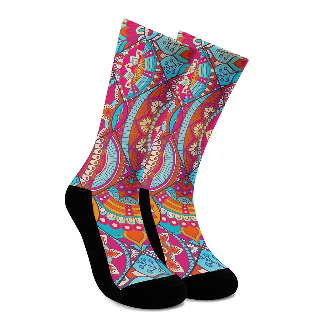 Retro Bohemian Mandala Pattern Print Crew Socks