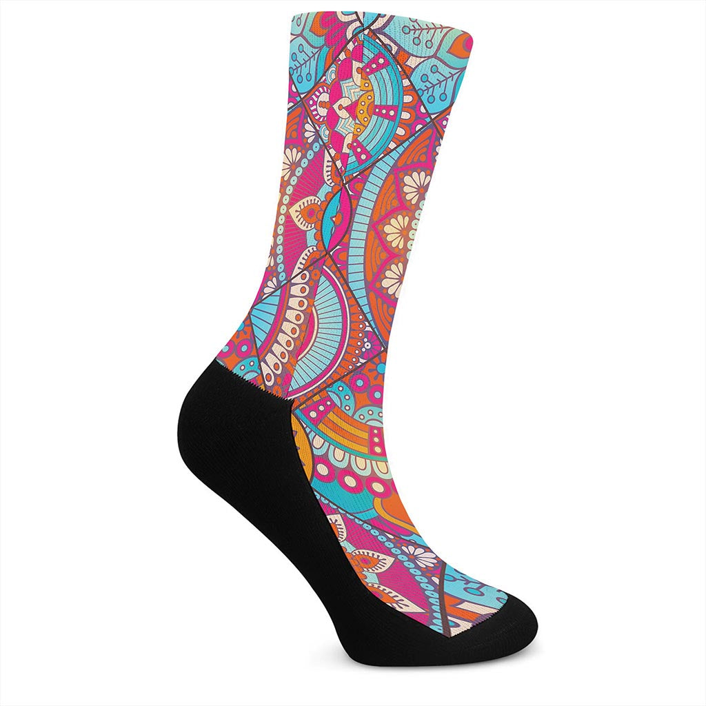 Retro Bohemian Mandala Pattern Print Crew Socks