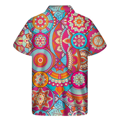 Retro Bohemian Mandala Pattern Print Men's Short Sleeve Shirt