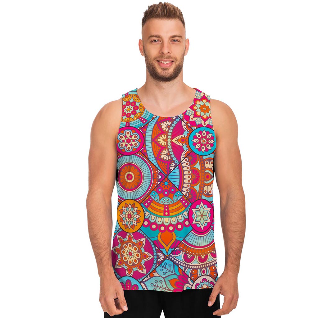 Retro Bohemian Mandala Pattern Print Men's Tank Top