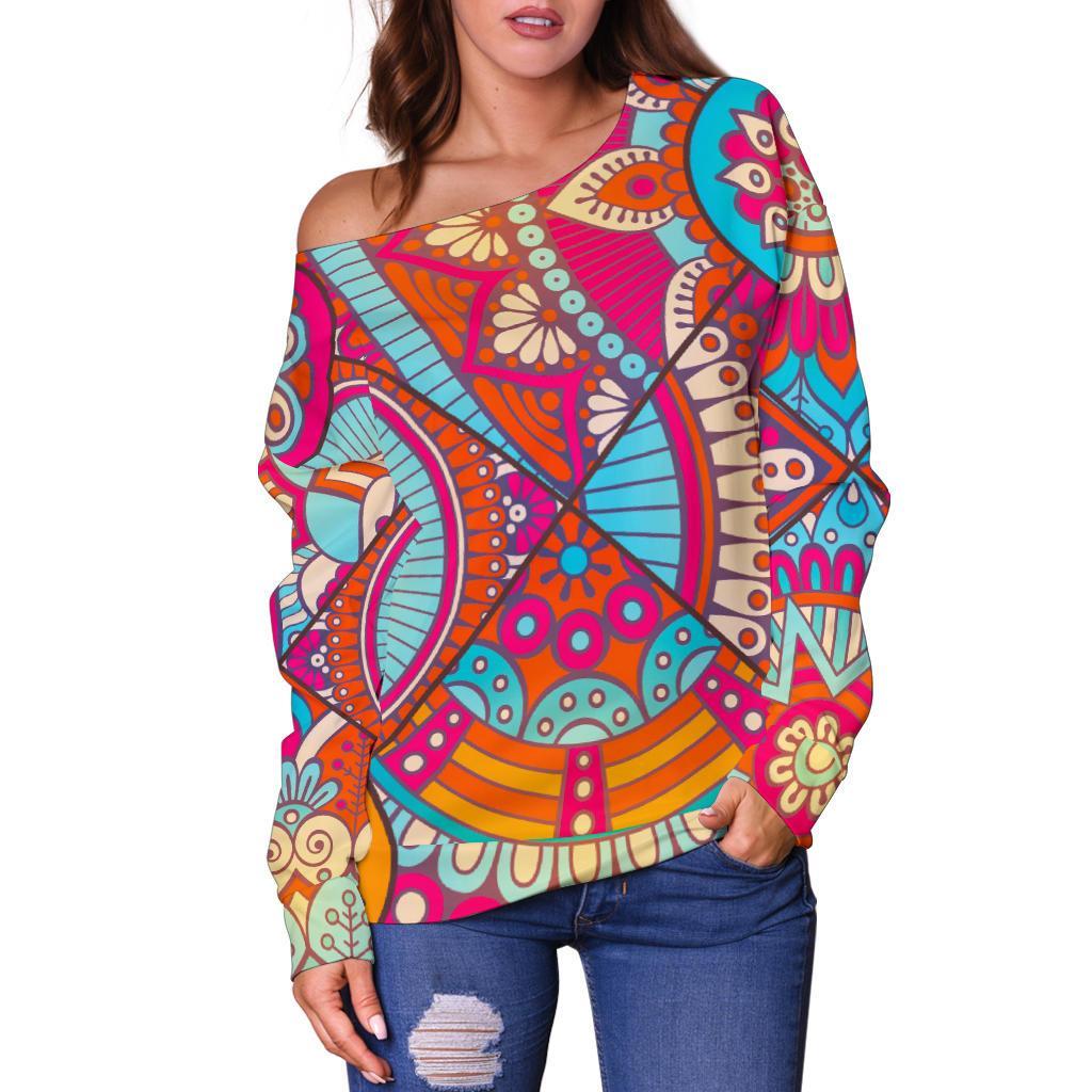 Retro Bohemian Mandala Pattern Print Off Shoulder Sweatshirt GearFrost