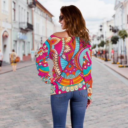 Retro Bohemian Mandala Pattern Print Off Shoulder Sweatshirt GearFrost