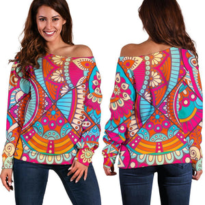 Retro Bohemian Mandala Pattern Print Off Shoulder Sweatshirt GearFrost