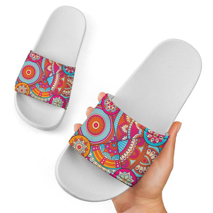Retro Bohemian Mandala Pattern Print White Slide Sandals