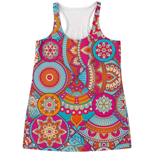Retro Bohemian Mandala Pattern Print Women's Racerback Tank Top