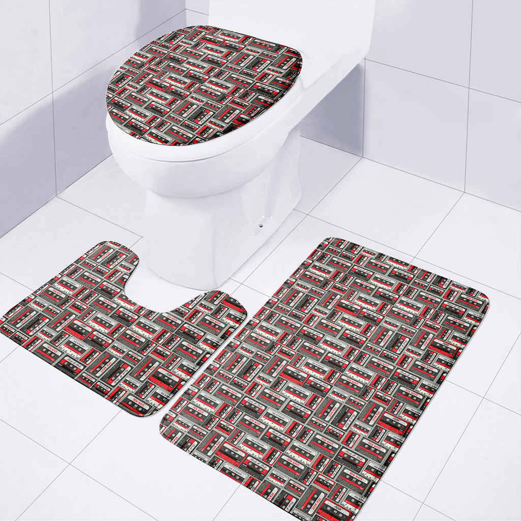 Retro Cassette Tape Pattern Print 3 Piece Bath Mat Set