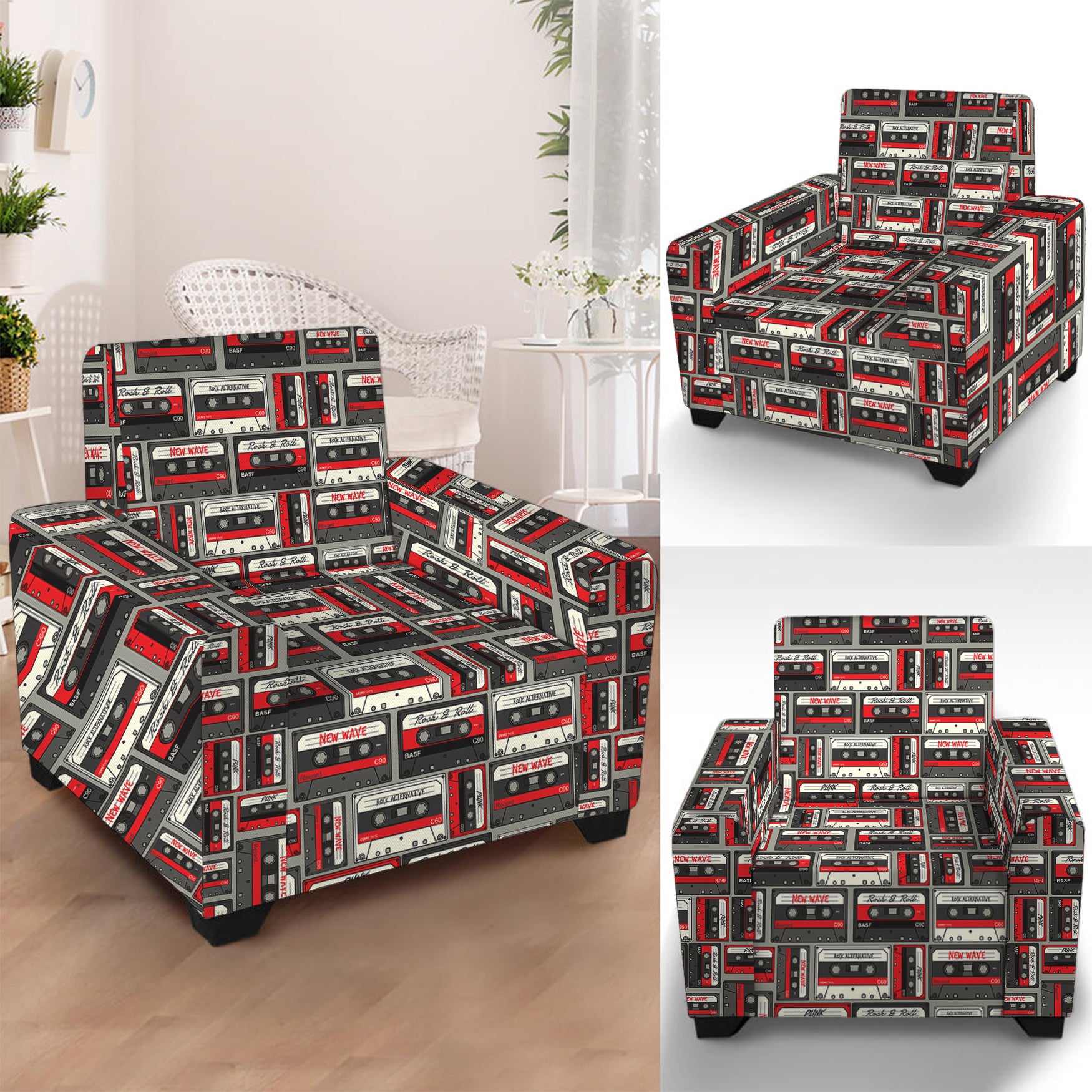 Retro Cassette Tape Pattern Print Armchair Slipcover