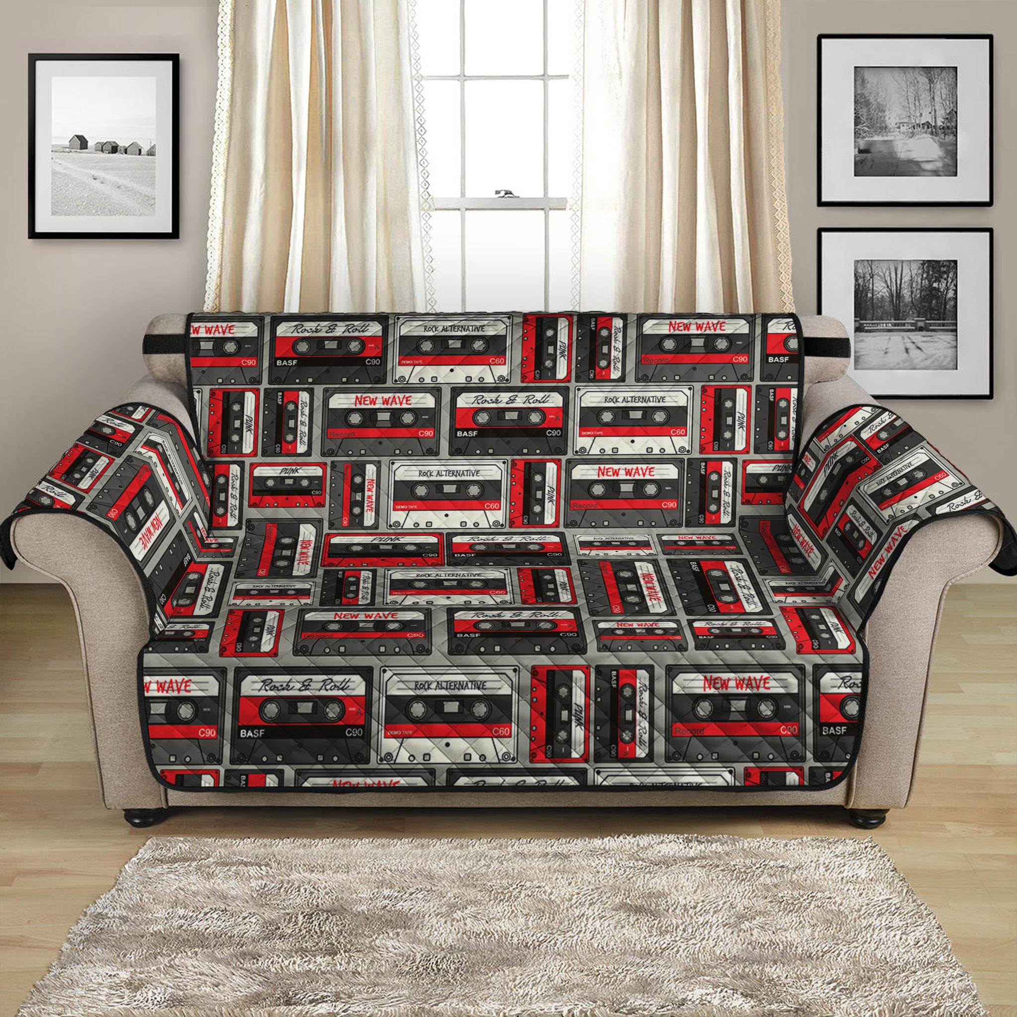 Retro Cassette Tape Pattern Print Loveseat Protector