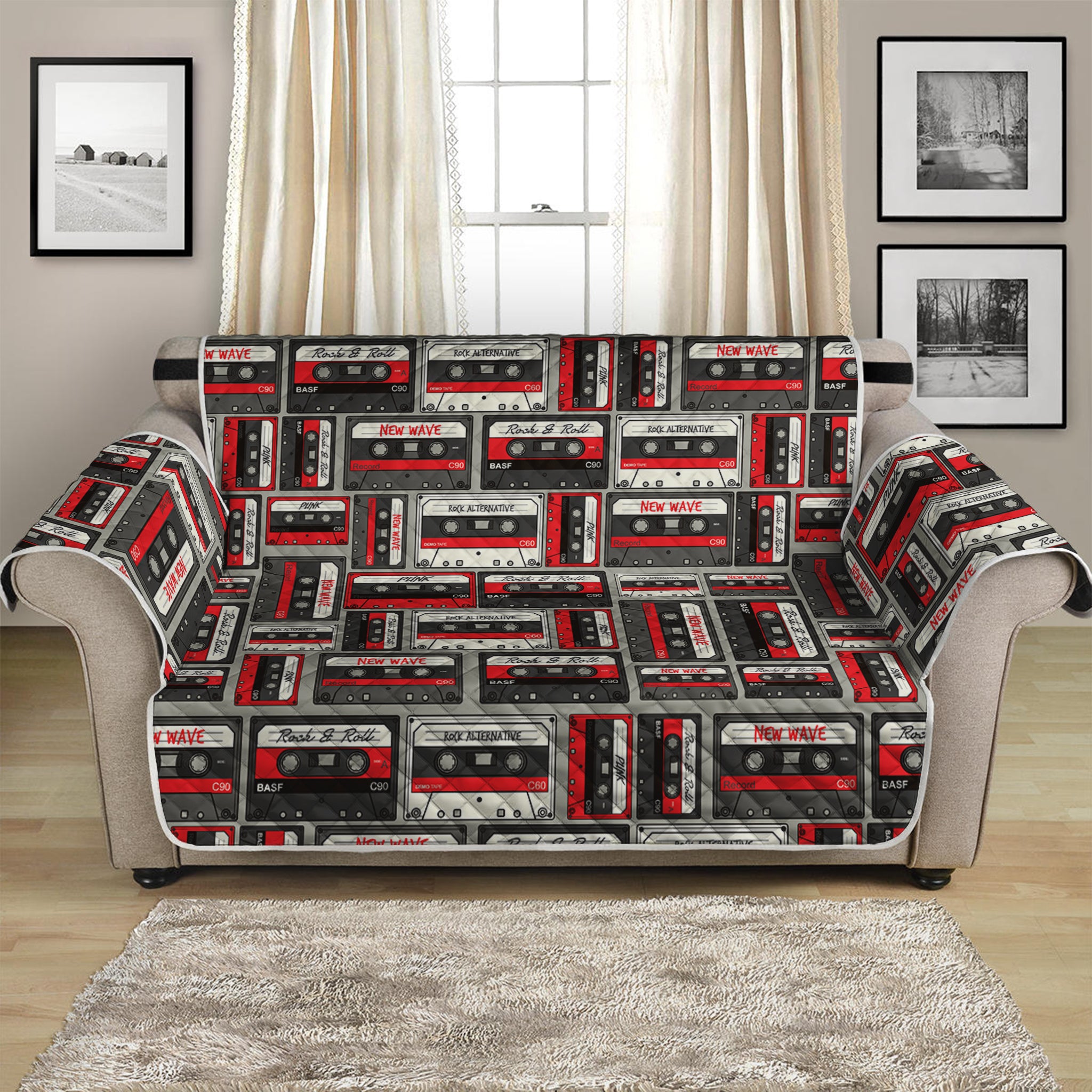 Retro Cassette Tape Pattern Print Loveseat Protector