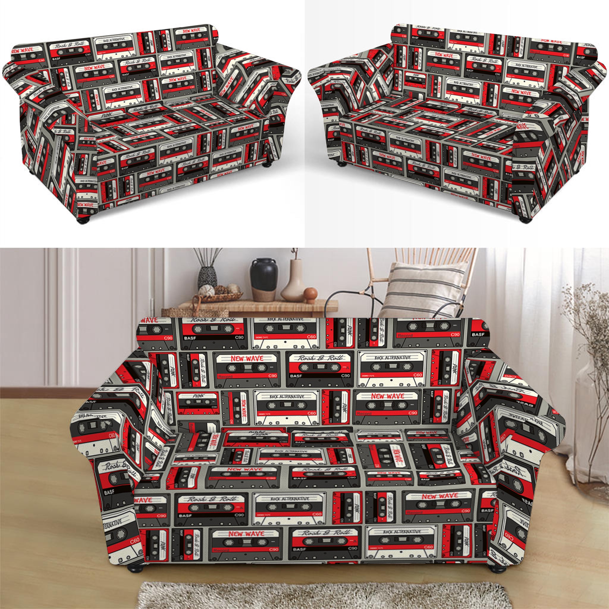 Retro Cassette Tape Pattern Print Loveseat Slipcover