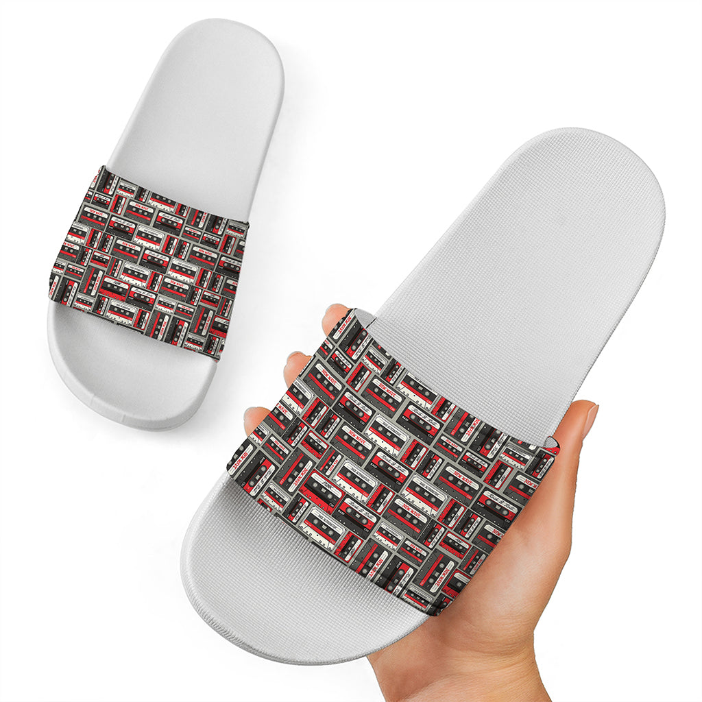 Retro Cassette Tape Pattern Print White Slide Sandals