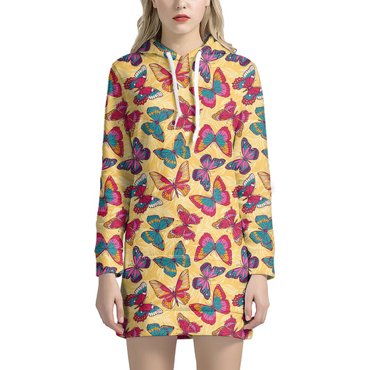 Retro Colorful Butterfly Pattern Print Hoodie Dress