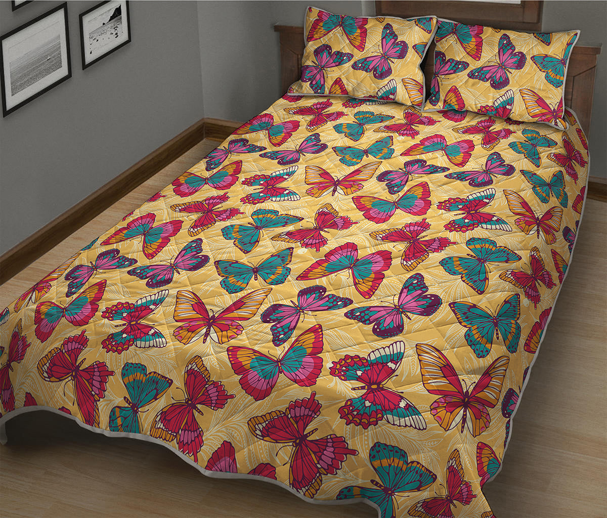 Retro Colorful Butterfly Pattern Print Quilt Bed Set