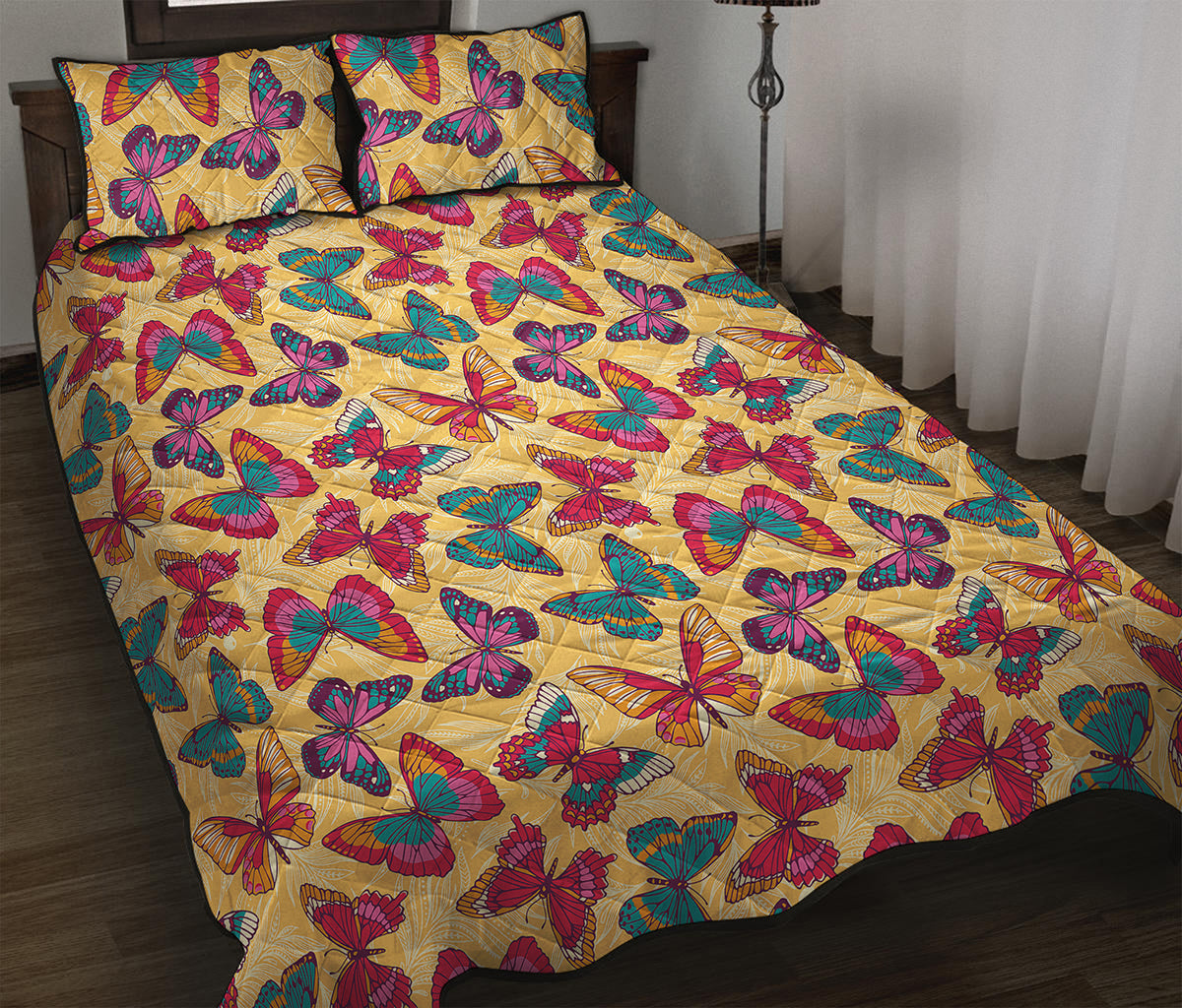 Retro Colorful Butterfly Pattern Print Quilt Bed Set