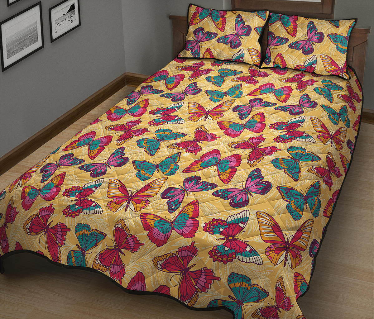 Retro Colorful Butterfly Pattern Print Quilt Bed Set