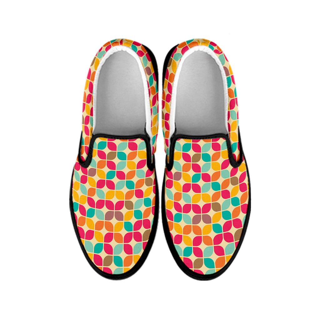 Retro Geometric Rounded Square Print Black Slip On Shoes