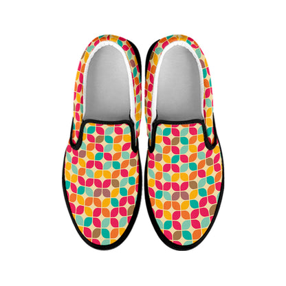 Retro Geometric Rounded Square Print Black Slip On Shoes