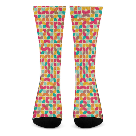 Retro Geometric Rounded Square Print Crew Socks