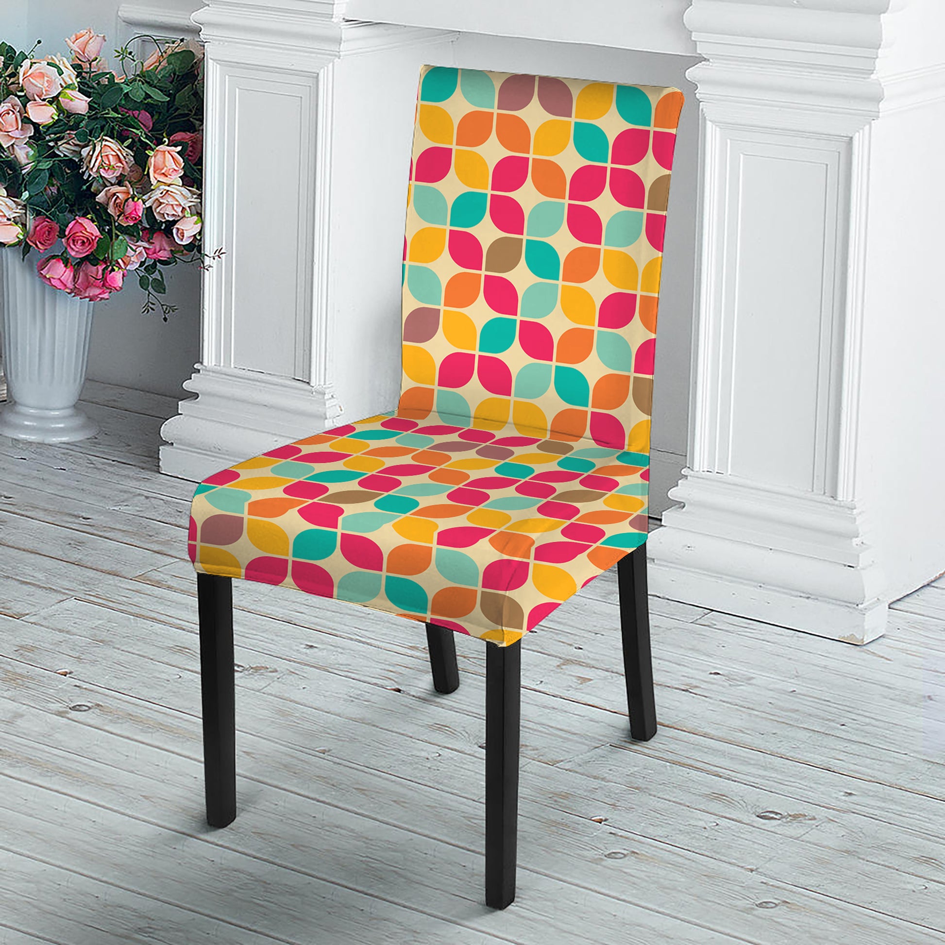 Retro Geometric Rounded Square Print Dining Chair Slipcover