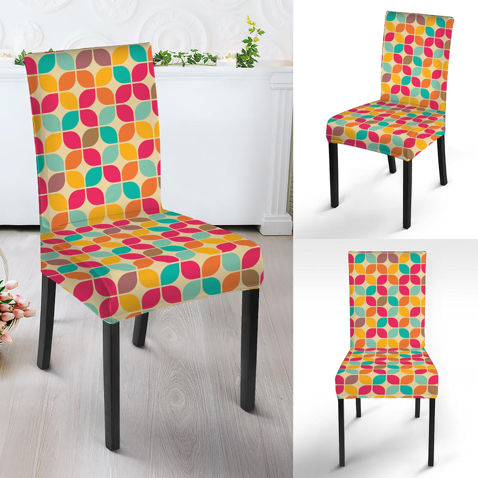 Retro Geometric Rounded Square Print Dining Chair Slipcover