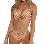 Retro Geometric Rounded Square Print Front Bow Tie Bikini