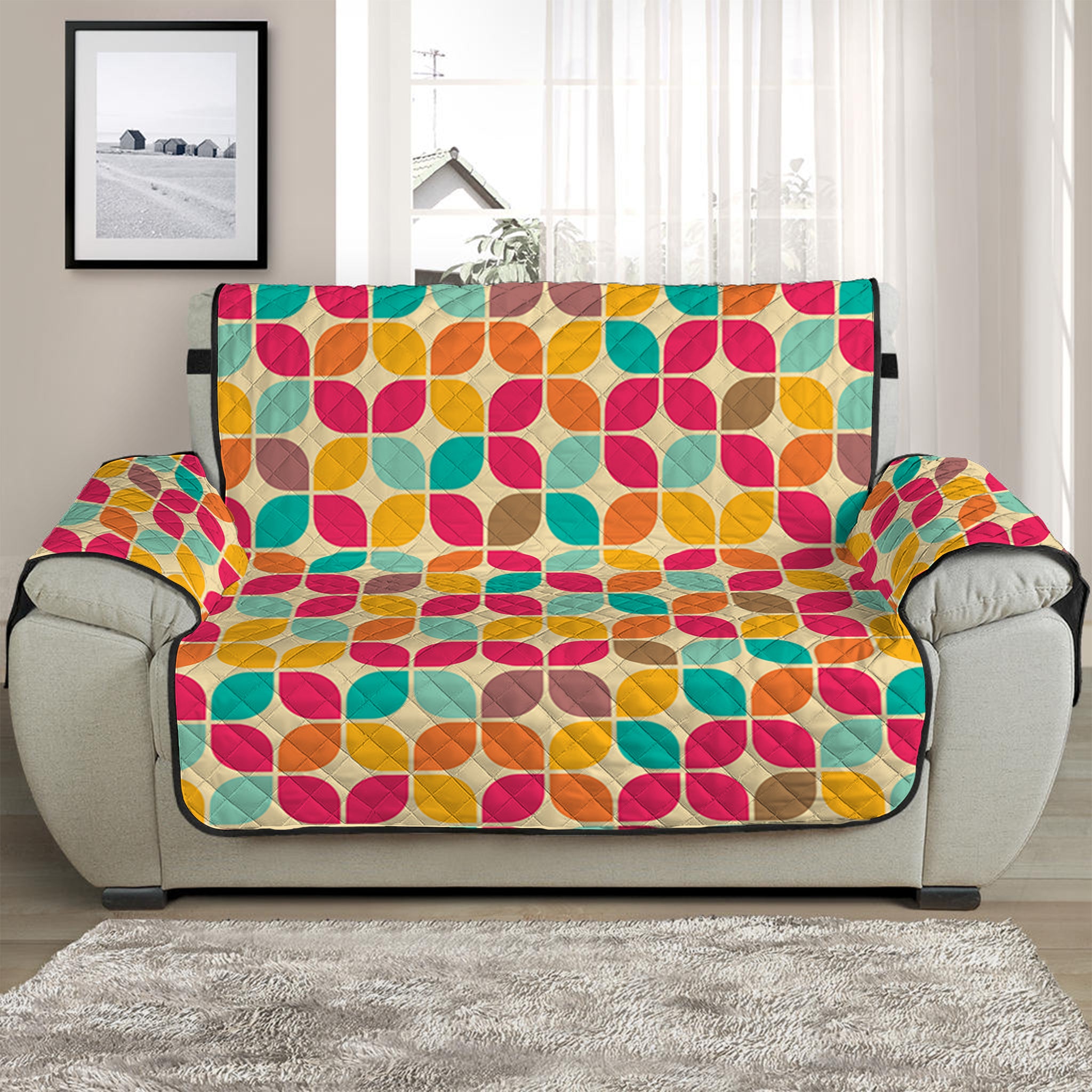 Retro Geometric Rounded Square Print Half Sofa Protector