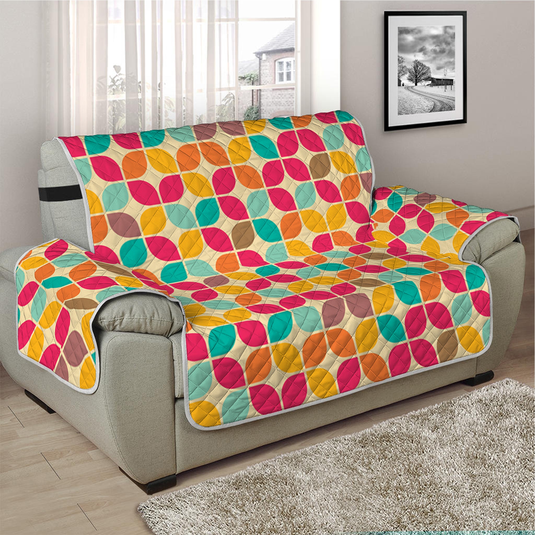 Retro Geometric Rounded Square Print Half Sofa Protector