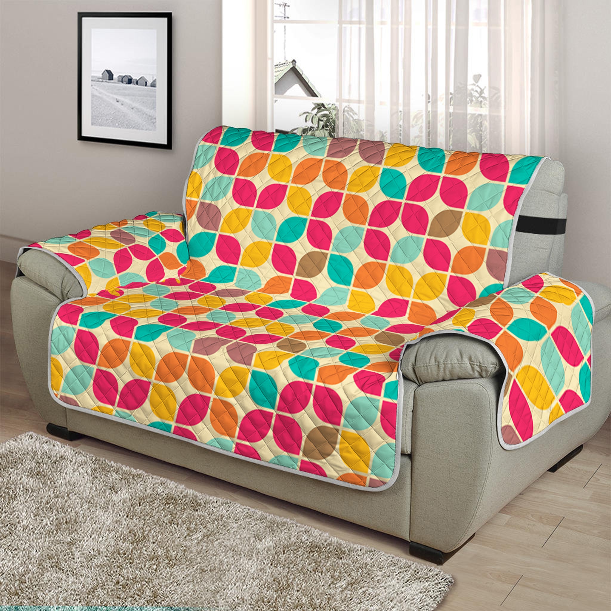 Retro Geometric Rounded Square Print Half Sofa Protector