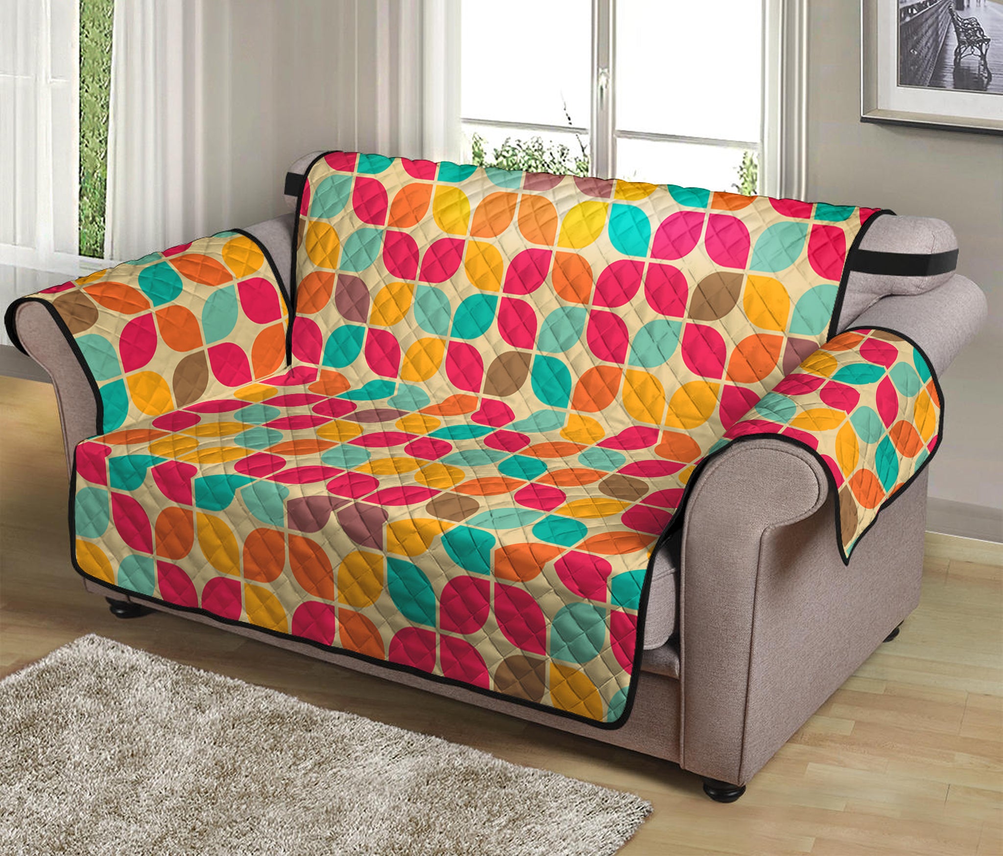 Retro Geometric Rounded Square Print Loveseat Protector