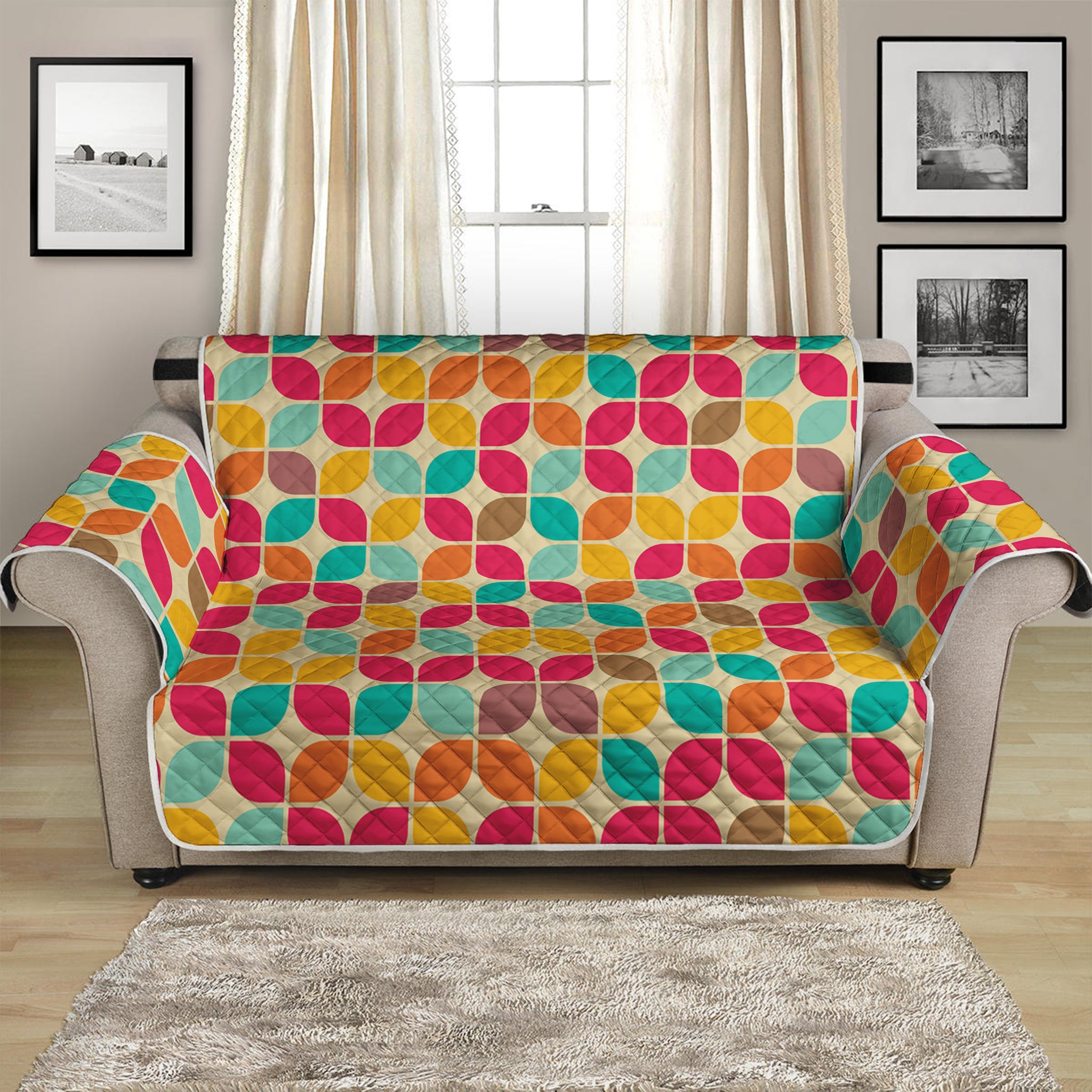 Retro Geometric Rounded Square Print Loveseat Protector