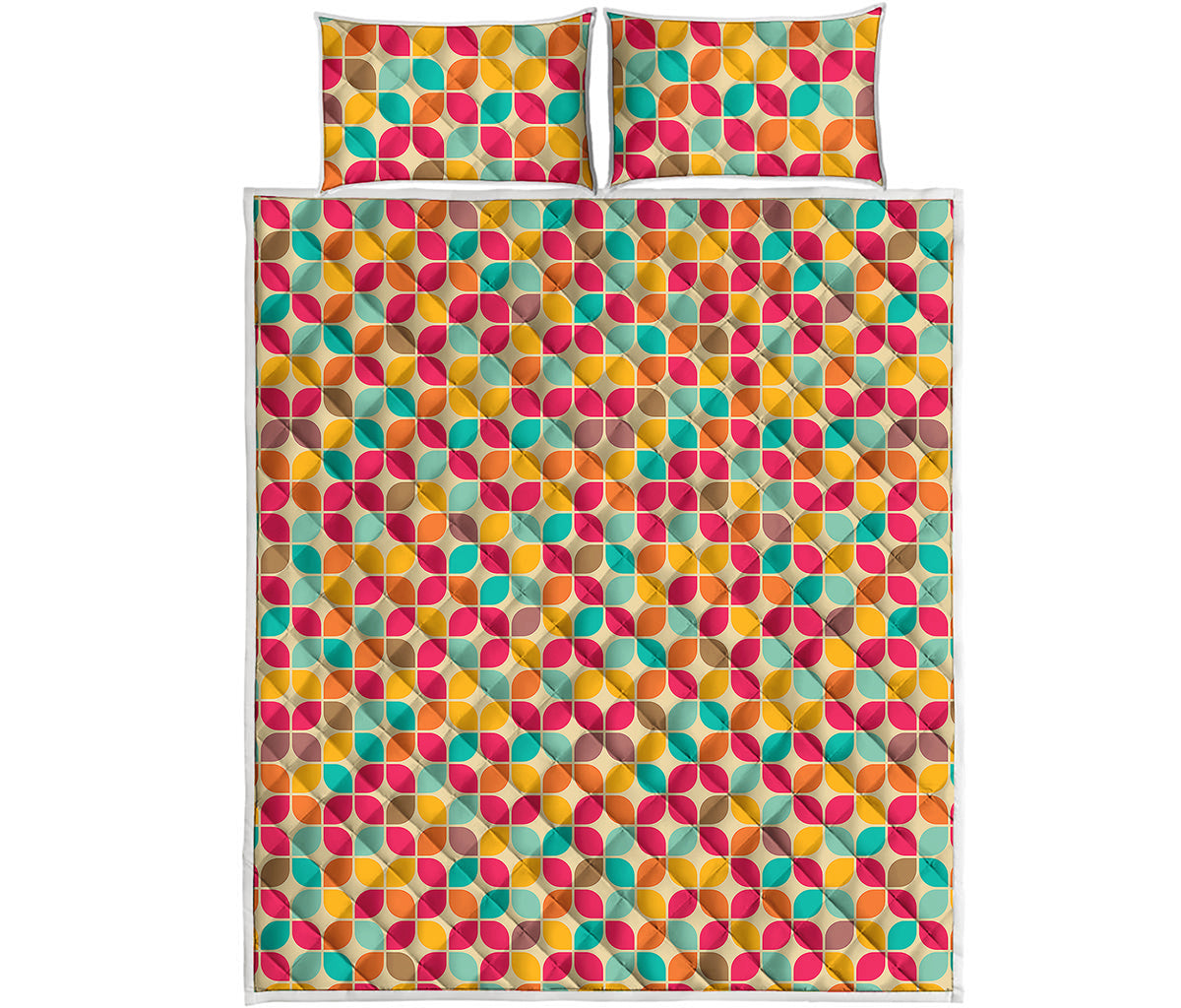 Retro Geometric Rounded Square Print Quilt Bed Set