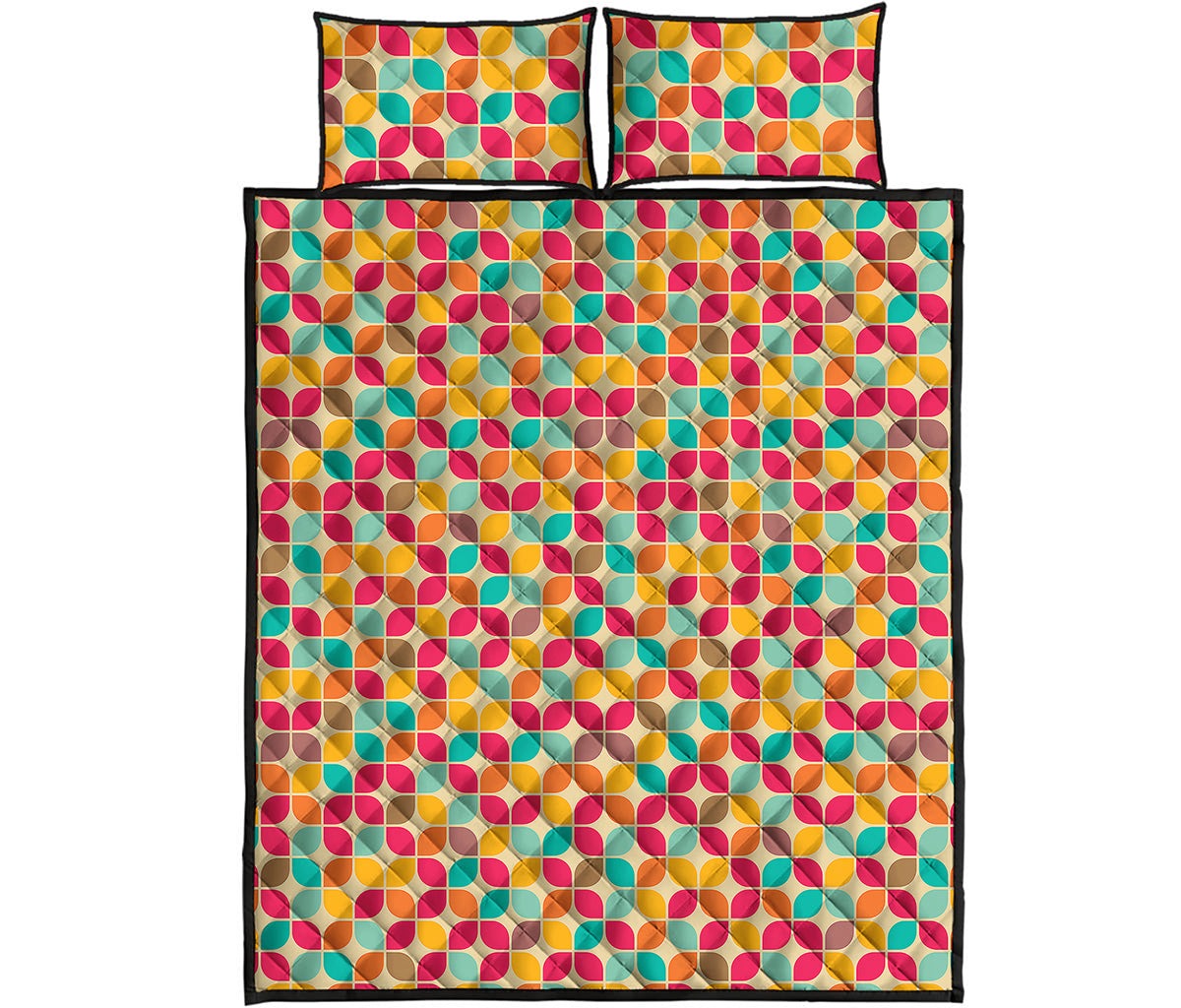 Retro Geometric Rounded Square Print Quilt Bed Set