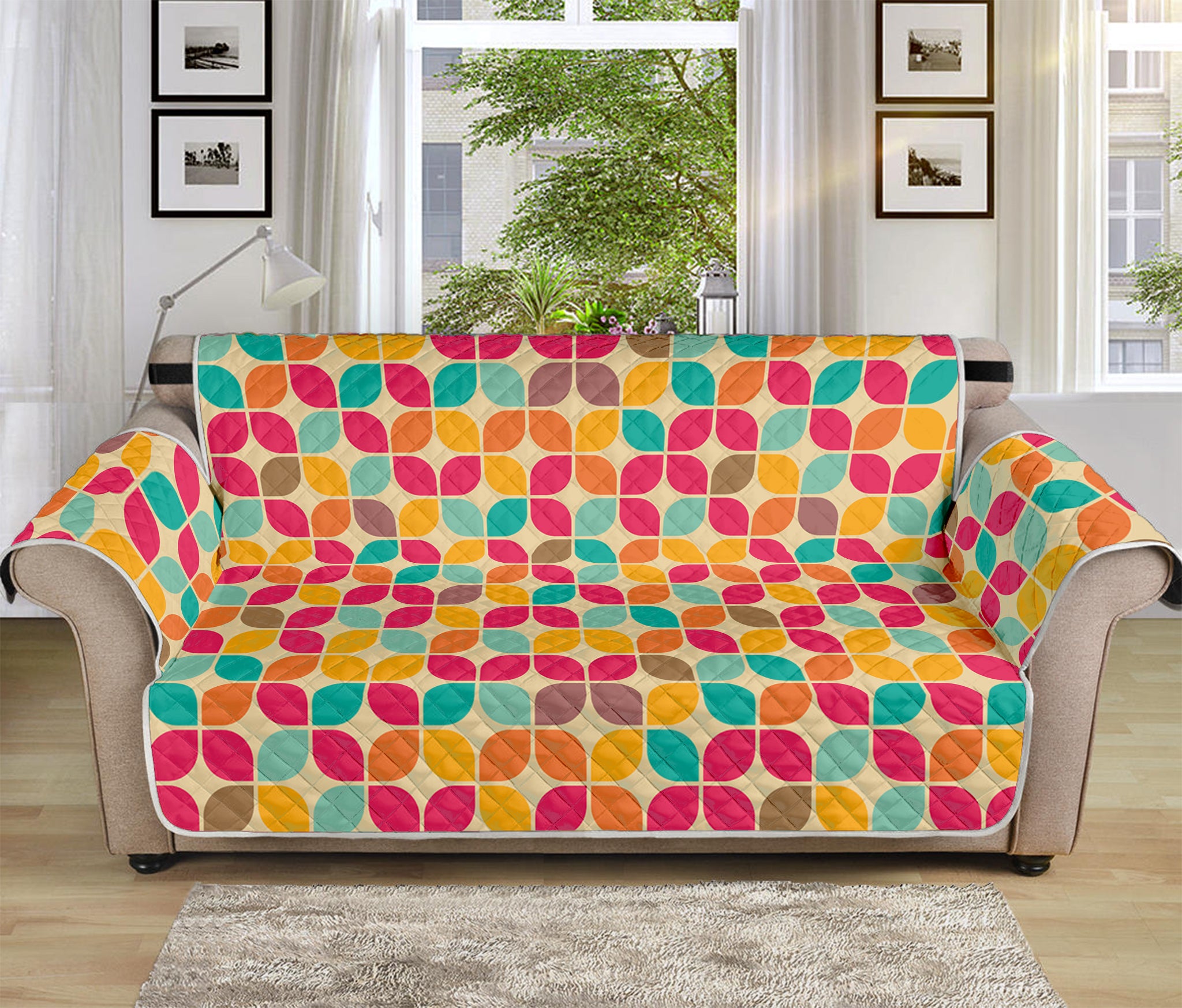 Retro Geometric Rounded Square Print Sofa Protector