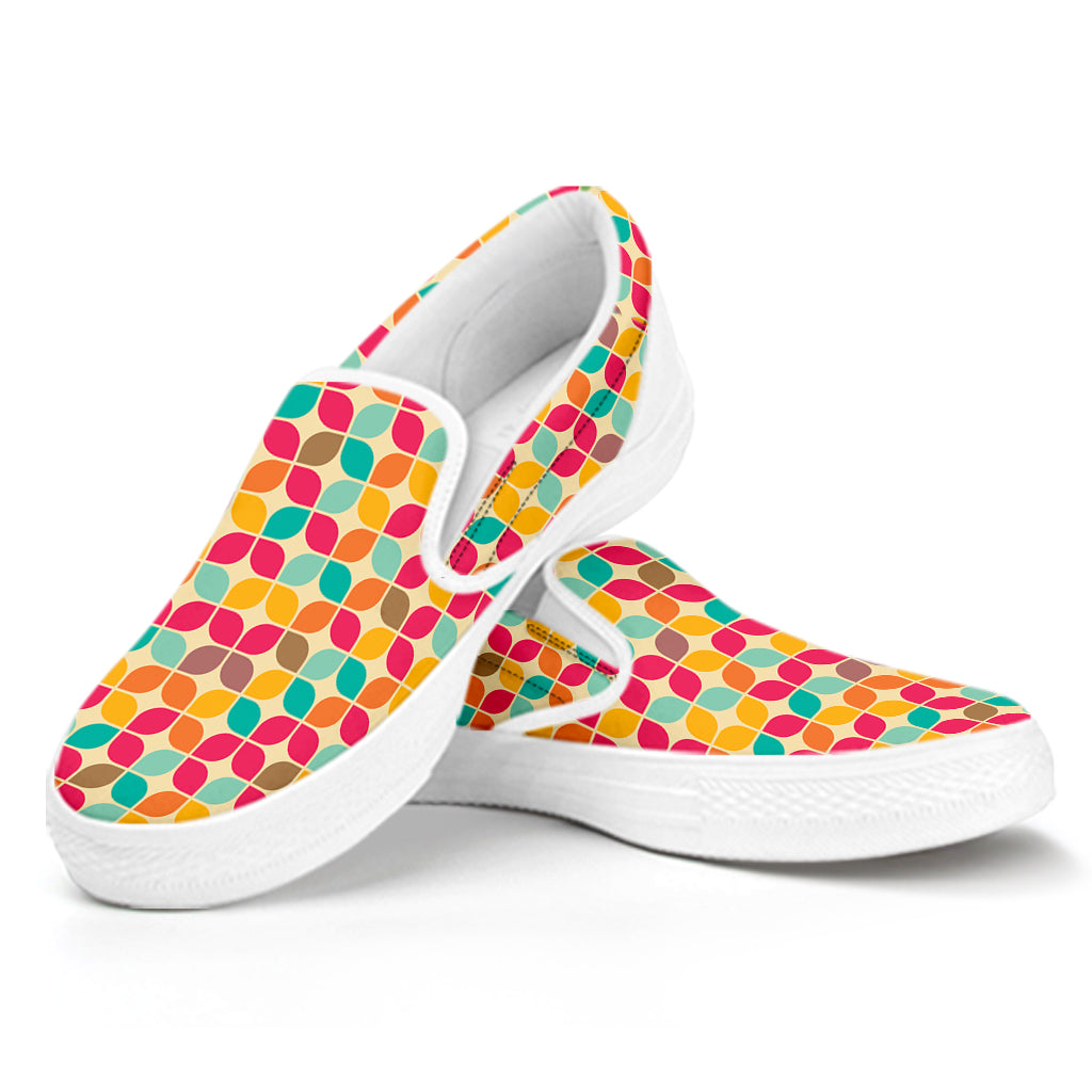 Retro Geometric Rounded Square Print White Slip On Shoes