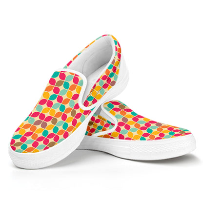 Retro Geometric Rounded Square Print White Slip On Shoes
